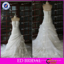 ED Real Sample Sleeveless Strapless Bow Waist Lace Appliques Pleating Chapel Train Wedding Dresses